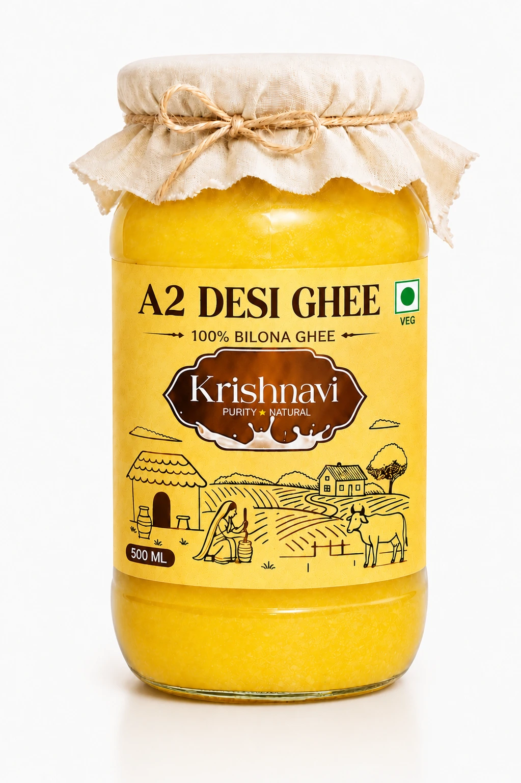 Krishnavi A2 Desi Cow Bilona Ghee 500 ML Glass Jar