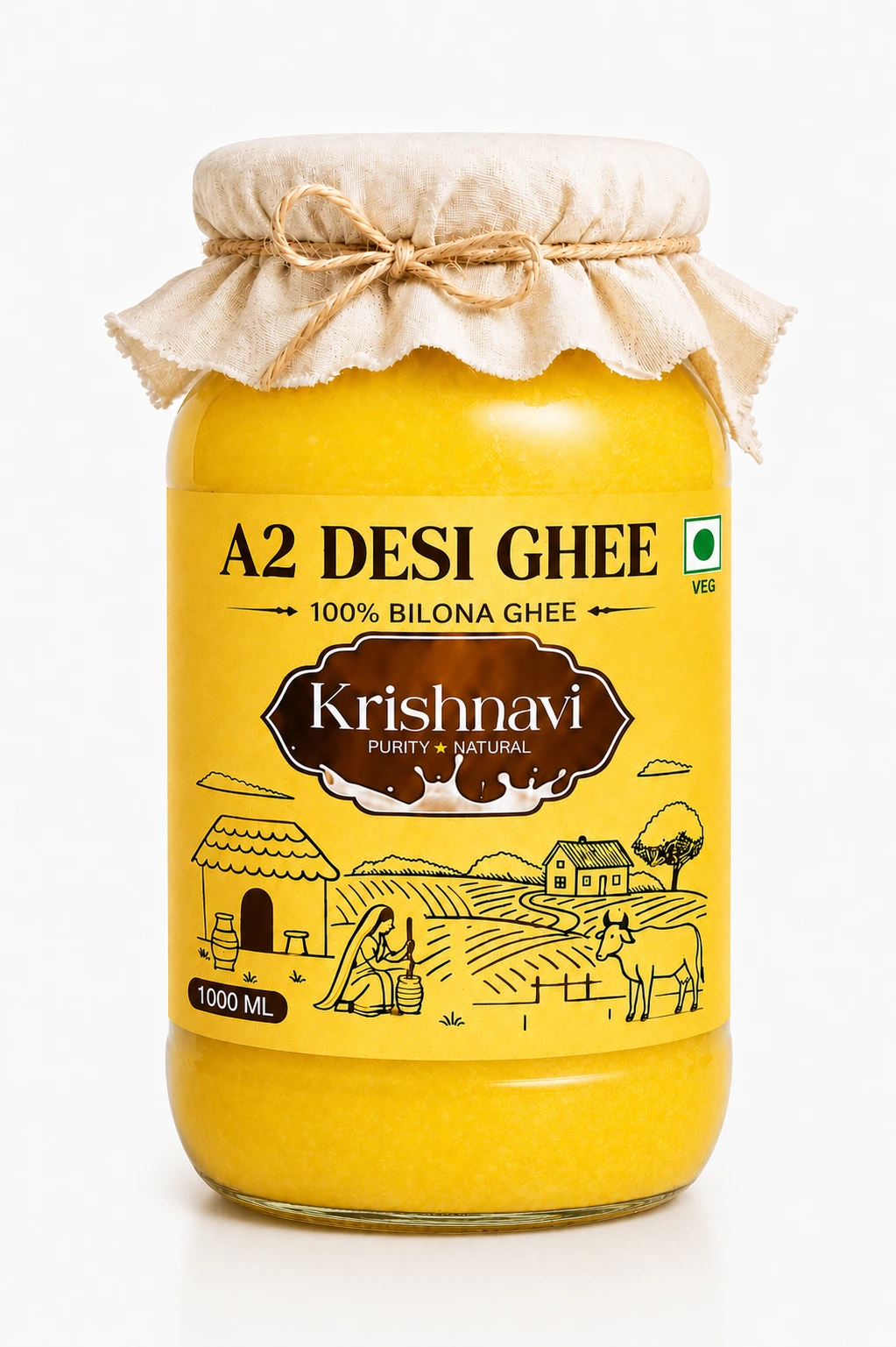 Krishnavi A2 Desi Cow Bilona Ghee 1 Kg Glass Jar